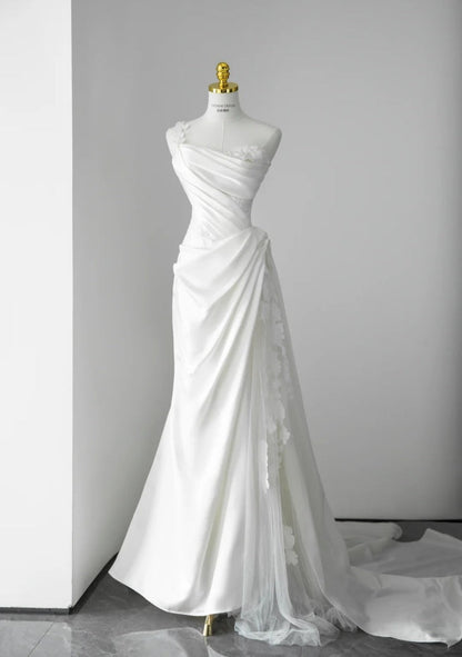 Elegant White Wedding Dress Tulle Satin Sheath Bridal Gowns Sleeveless Birdal Dress DP05202