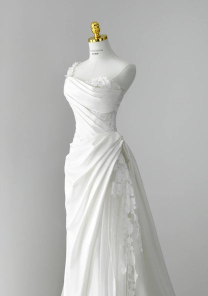 Elegant White Wedding Dress Tulle Satin Sheath Bridal Gowns Sleeveless Birdal Dress DP05202
