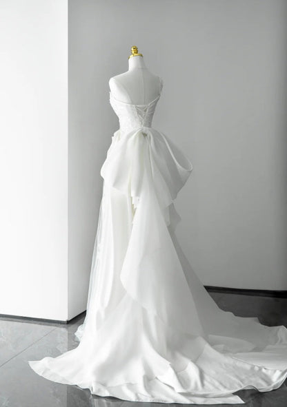 Elegant White Wedding Dress Tulle Satin Sheath Bridal Gowns Sleeveless Birdal Dress DP05202