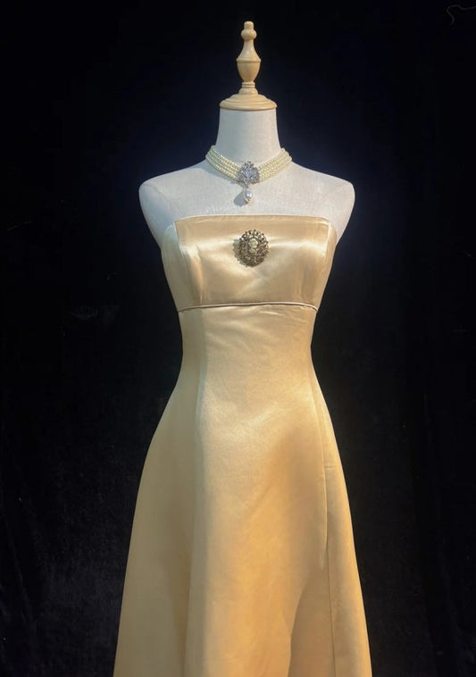 Chic Champagne Bridesmaid Dress  Satin Sheath Evening Dress Sleeveless DP05208-1