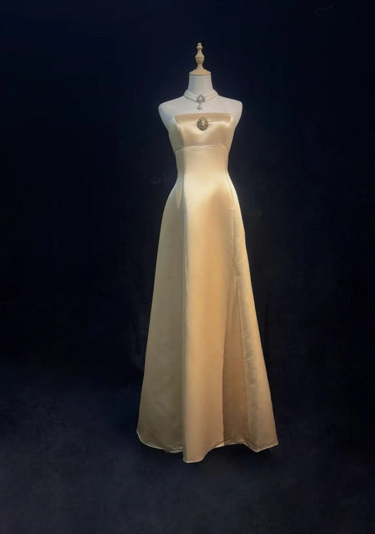 Chic Champagne Bridesmaid Dress  Satin Sheath Evening Dress Sleeveless DP05208-1