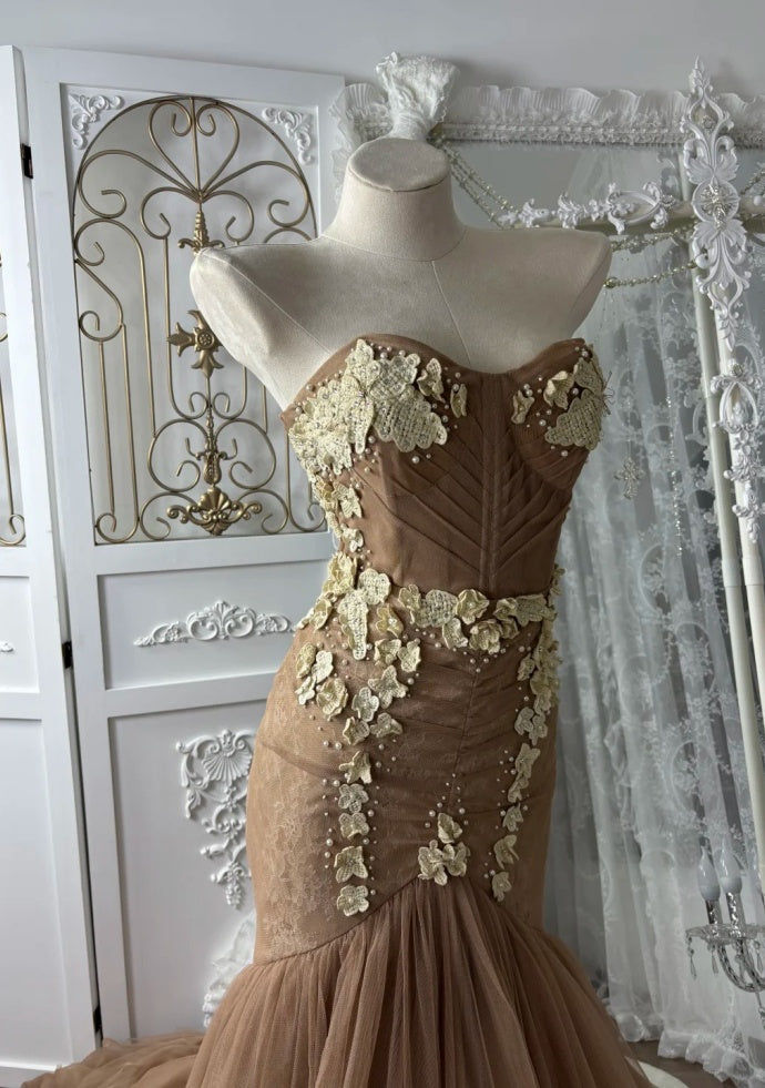 Gorgeous Chocolate Brown Prom Dress Tulle Applique Mermaid Evening Dress  DP05114