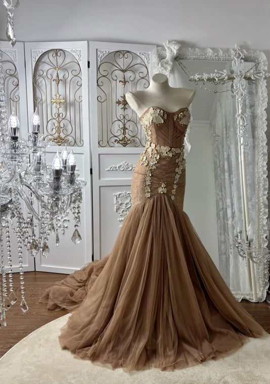 Gorgeous Chocolate Brown Prom Dress Tulle Applique Mermaid Evening Dress  DP05114