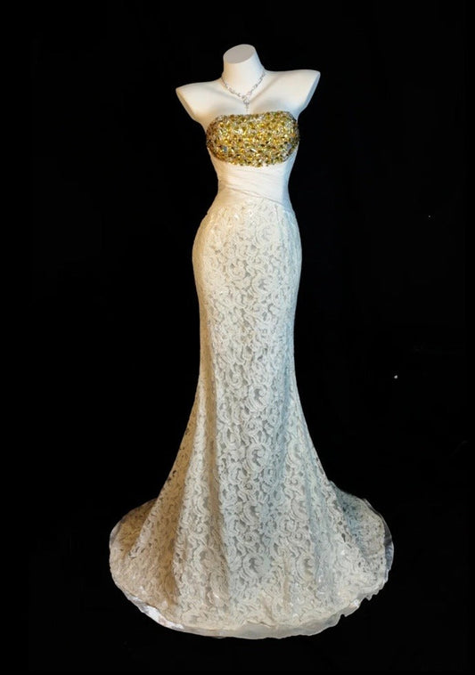 Glam White Prom Dress Strapless Lace Mermaid Evening Dress DP05124