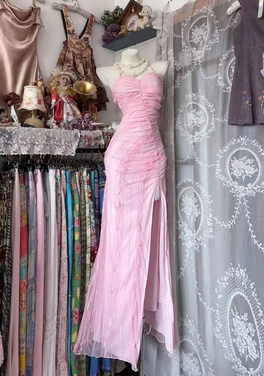 Glam Pink Prom Dress Halter Chiffon Sheath Evening Dress with Slit DP05125