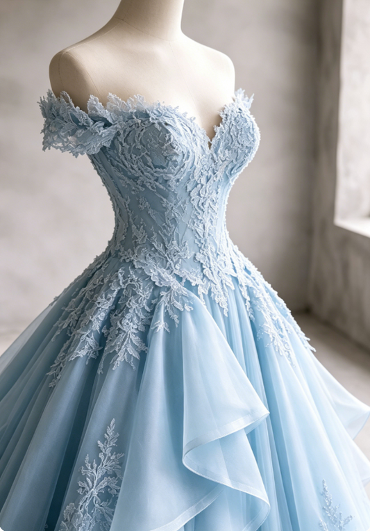 Gorgeous A-Line Long Evening Dress Off-shoulder Tulle Applique Party Dress Pale Blue Prom Dress DP05336