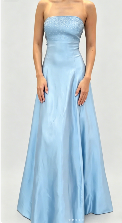 Chic Blue Prom Dress Strapless A-Line Satin Sequins Long Evening Dress DP05440
