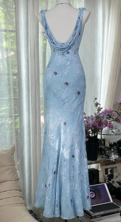 Elegant Straps Sheath Chiffon Long Evening Dress Blue Wedding Guest Dress DP05461