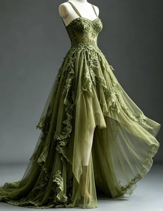 Chic Spaghetti Straps A-Line Tulle Applique Evening Dress Olive Green Prom Dress DP05622