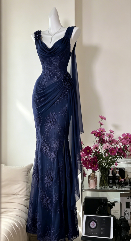 Glam Purple Prom Dress Straps Sheath Chiffon Beaded Long Evening Dress DP05737