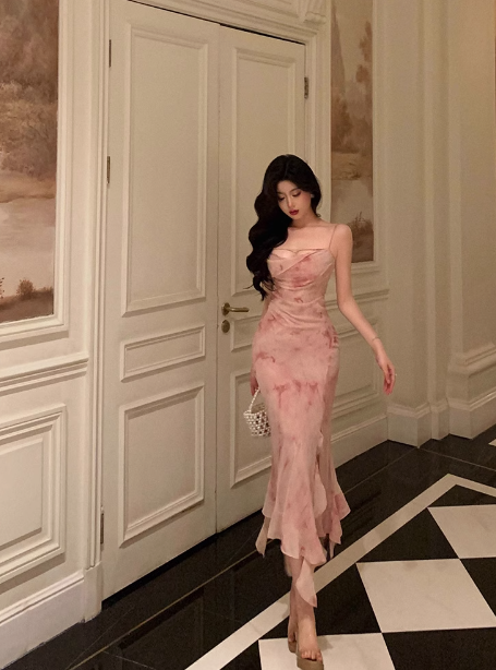 Elegant Mermaid Spaghetti Straps Pink Floral Sleeveless 21st Birthday Dress Party Gown Birthday Outfits Birthday Dress Ideas For Women DP1394