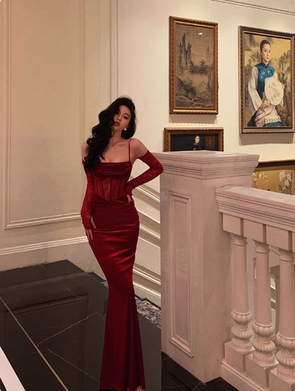 Elegant Mermaid Spaghetti Straps Red Lace 21st Birthday Dress Party Gown Birthday Outfits Birthday Dress Ideas For Women DP1452