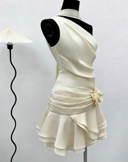 Cute A line One Shoulder Ivory Summer Homecoming Dress Hoco Dress Mini 16th Birthday Outfit Cocktail Dresses DP2089