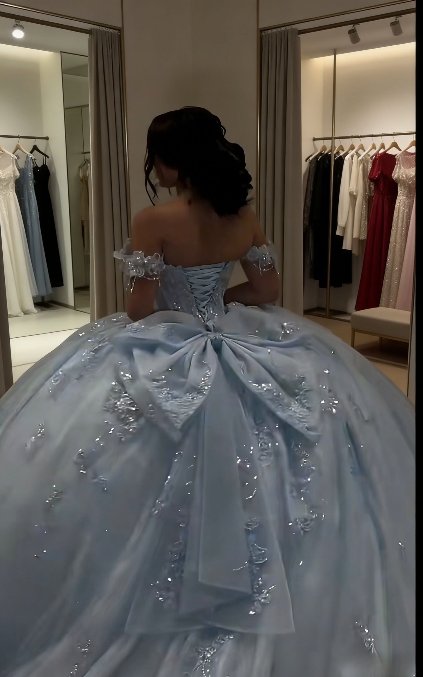 Glam Off-the-Shoulder Ball Gown Tulle Long Prom Dresses Applique Blue Quinceanera Dresses Sweet 16 Dress DP3753