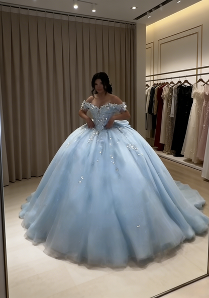 Glam Off-the-Shoulder Ball Gown Tulle Long Prom Dresses Applique Blue Quinceanera Dresses Sweet 16 Dress DP3753
