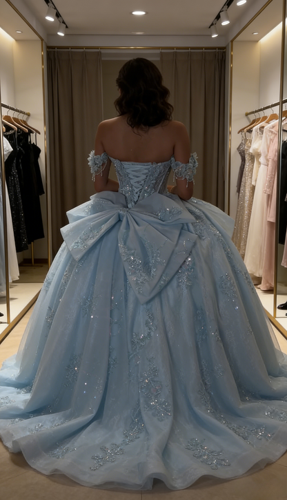 Glam Off-the-Shoulder Ball Gown Tulle Long Prom Dresses Applique Blue Quinceanera Dresses Sweet 16 Dress DP3753