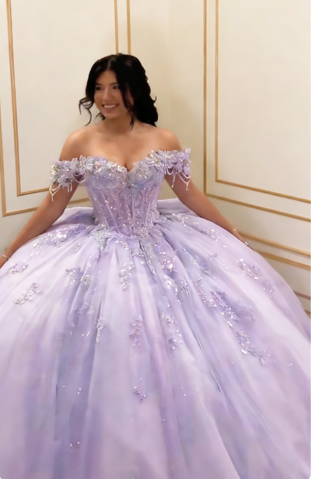 Glam Off-the-Shoulder Ball Gown Tulle Long Prom Dresses Applique Blue Quinceanera Dresses Sweet 16 Dress DP3753