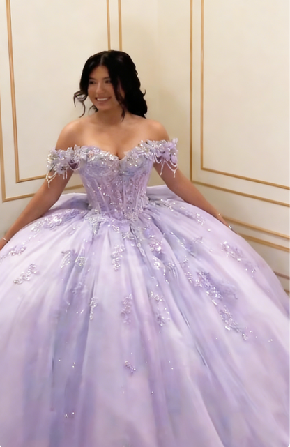 Glam Off-the-Shoulder Ball Gown Tulle Long Prom Dresses Applique Blue Quinceanera Dresses Sweet 16 Dress DP3753