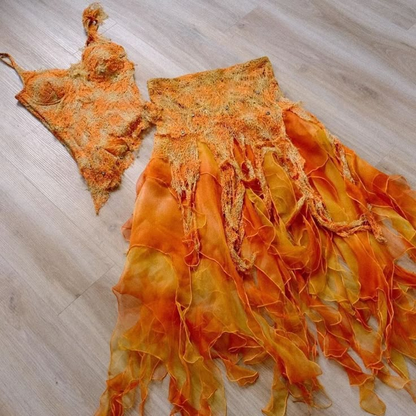 Orange Ombre Straps Two Pieces Sheath Ruffles Long Party Dresses, D871