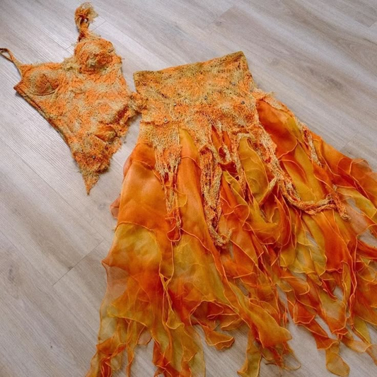 Orange Ombre Straps Two Pieces Sheath Ruffles Long Party Dresses, D871