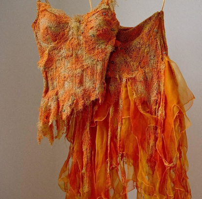 Orange Ombre Straps Two Pieces Sheath Ruffles Long Party Dresses, D871