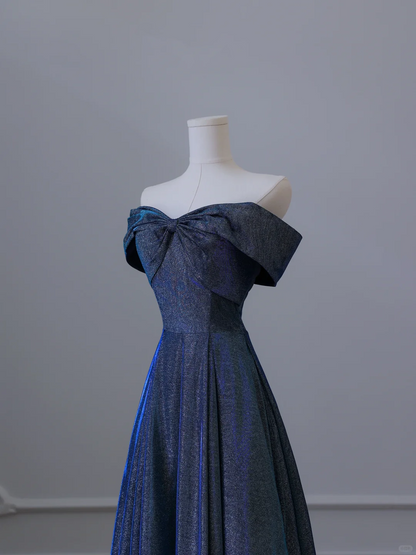 Elegant Navy Blue Off Shoulder A-Line Long Formal Prom Dress Birthday Outfits, D909