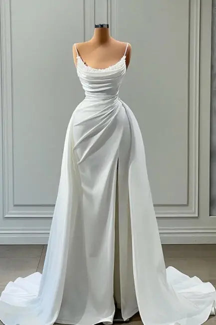 Beautiful White Long A-line Spaghetti Straps Wedding Dresses With Beads Brides Dress DP625