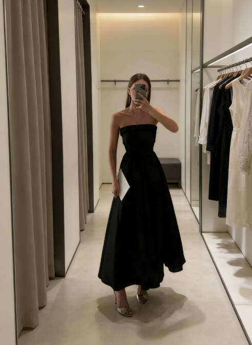 Gorgeous A line Strapless Black Tie Prom Dresses Formal Summer Wedding Guest Dresses Wedding Guest Outfits DP746
