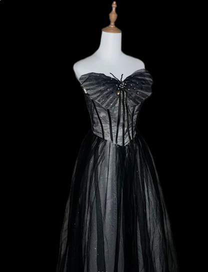 Dreamy Black A-Line Strapless Butterfly Tulle Long Ball Gown/Evening Dresses