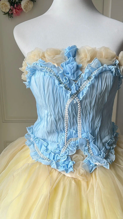 Dreamy Blue And Yellow Color-Blocked Strapless Tulle Ball Gown Evening Dresses Sweet 16Th Dresses