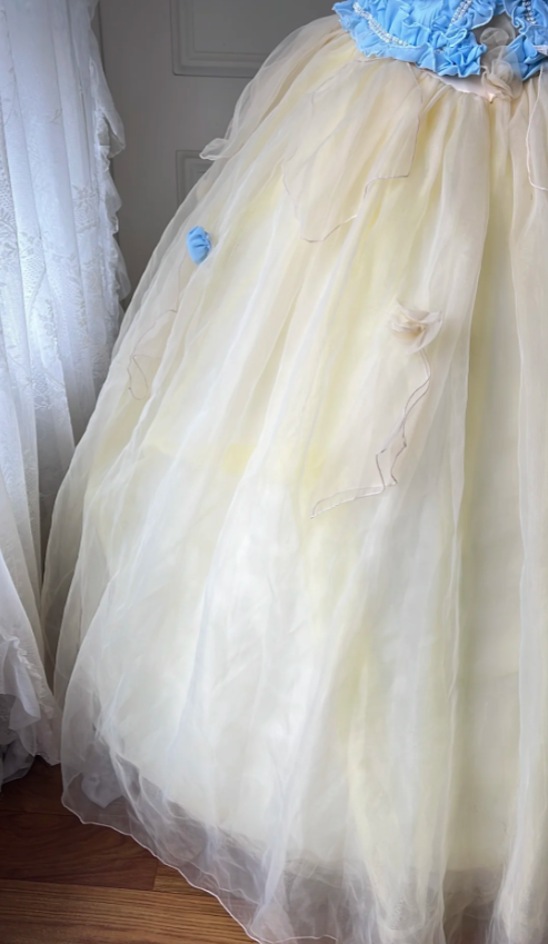 Dreamy Blue And Yellow Color-Blocked Strapless Tulle Ball Gown Evening Dresses Sweet 16Th Dresses
