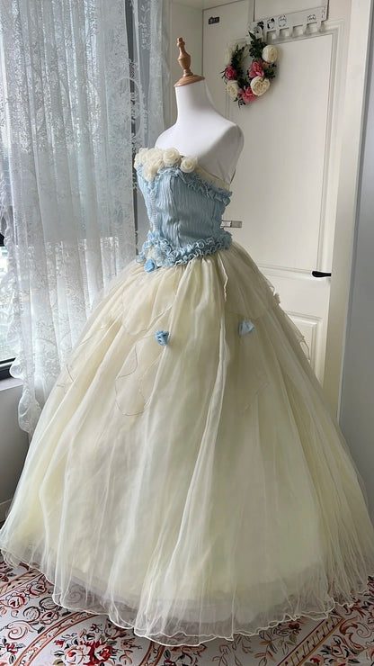 Dreamy Blue And Yellow Color-Blocked Strapless Tulle Ball Gown Evening Dresses Sweet 16Th Dresses