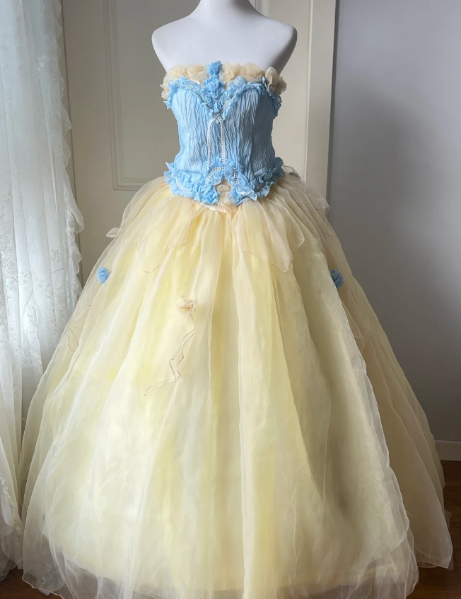 Dreamy Blue And Yellow Color-Blocked Strapless Tulle Ball Gown Evening Dresses Sweet 16Th Dresses