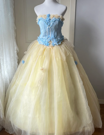 Dreamy Blue And Yellow Color-Blocked Strapless Tulle Ball Gown Evening Dresses Sweet 16Th Dresses