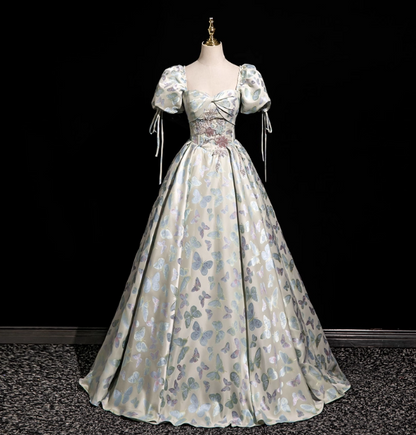 Dreamy Butterfly Jacquard Square Neck Puff Sleeve Satin Long Ball Gown Evening Dresses Sweet 16 Dresses