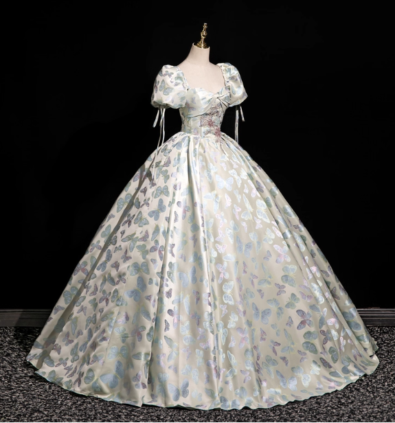Dreamy Butterfly Jacquard Square Neck Puff Sleeve Satin Long Ball Gown Evening Dresses Sweet 16 Dresses