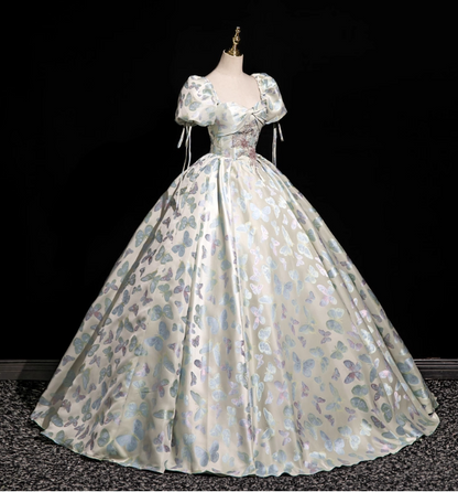 Dreamy Butterfly Jacquard Square Neck Puff Sleeve Satin Long Ball Gown Evening Dresses Sweet 16 Dresses