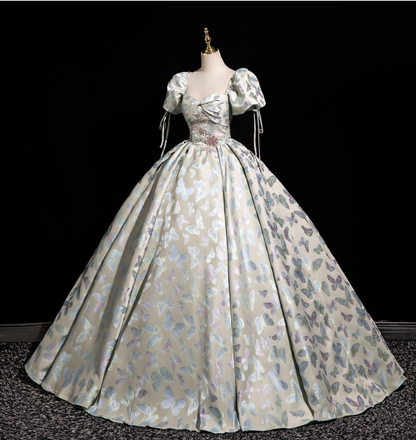 Dreamy Butterfly Jacquard Square Neck Puff Sleeve Satin Long Ball Gown Evening Dresses Sweet 16 Dresses