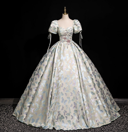 Dreamy Butterfly Jacquard Square Neck Puff Sleeve Satin Long Ball Gown Evening Dresses Sweet 16 Dresses