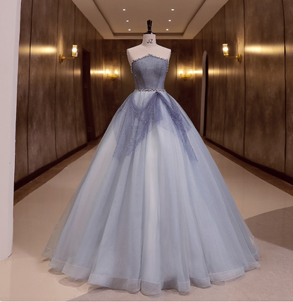 Dreamy Light Blue Strapless Tulle Ball Gown Evening Dresses Sweet 16 Dresses