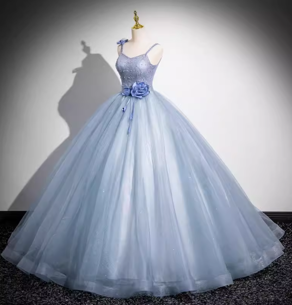 Dreamy Light Haze Blue Thin Strap 3D Floral Tulle Ball Gown Evening Dresses Sweet 16 Dresses