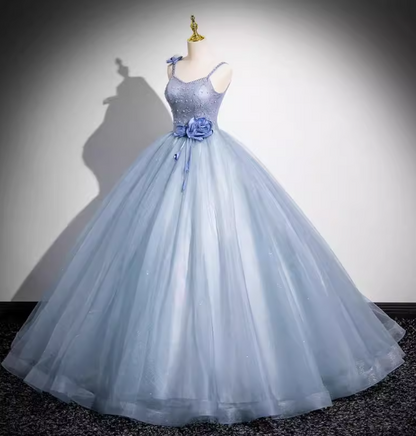 Dreamy Light Haze Blue Thin Strap 3D Floral Tulle Ball Gown Evening Dresses Sweet 16 Dresses