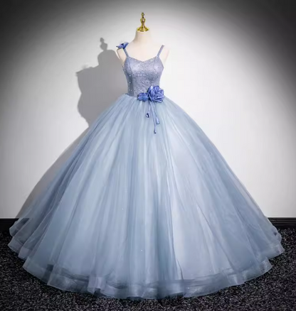 Dreamy Light Haze Blue Thin Strap 3D Floral Tulle Ball Gown Evening Dresses Sweet 16 Dresses