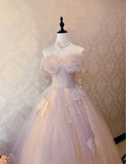 Dreamy Light Pink Off-Shoulder Tulle Floor-Length Ball Gown Evening Dresses