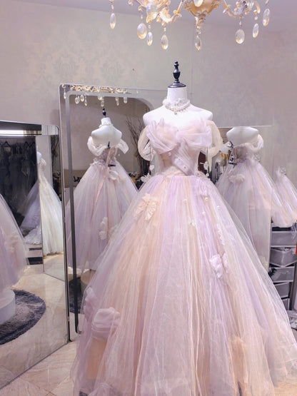 Dreamy Light Pink Off-Shoulder Tulle Floor-Length Ball Gown Evening Dresses
