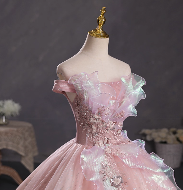 Dreamy Pink Off-Shoulder 3D Floral Iridescent Tulle Ball Gown Evening Dresses Sweet 16 Dresses