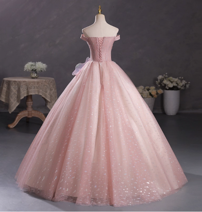 Dreamy Pink Off-Shoulder 3D Floral Iridescent Tulle Ball Gown Evening Dresses Sweet 16 Dresses