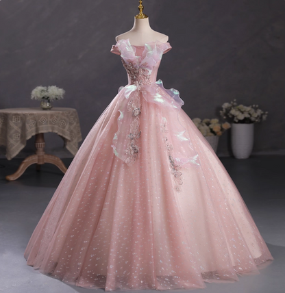 Dreamy Pink Off-Shoulder 3D Floral Iridescent Tulle Ball Gown Evening Dresses Sweet 16 Dresses