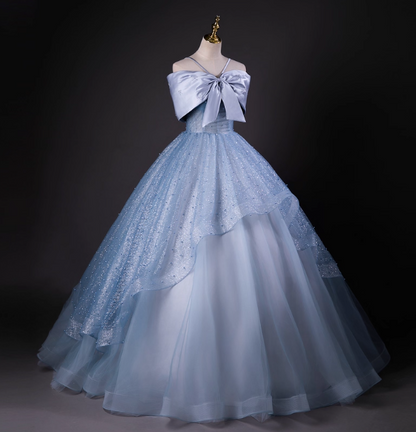 Dreamy Princess Blue Off-Shoulder Oversized Bow Tulle Long Ball Gown Evening Dresses Sweet 16 Dresses