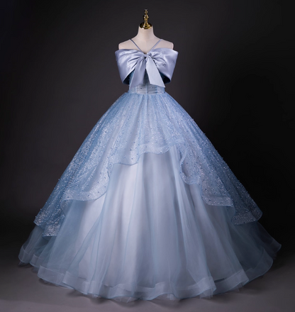 Dreamy Princess Blue Off-Shoulder Oversized Bow Tulle Long Ball Gown Evening Dresses Sweet 16 Dresses